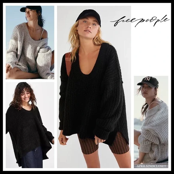 FREE PEOPLE BOHO SWEATER OVERSIZED TUNIC COZY BLACK WINTER PULLOVER A2C - Picture 11 of 13